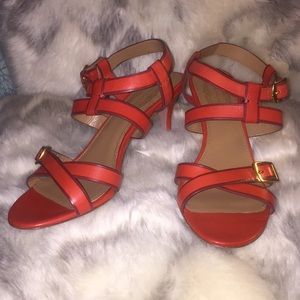 ELIE TAHARI Red Leather Georgia Strappy Heeled Sandals Sz 8.5